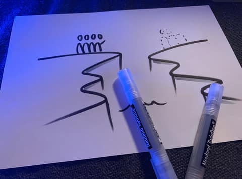 Canevas des deux falaises dessiné au feutre noir sur une feuille blanche : un groupe sur la falaise de gauche, des silhouettes en pointillé sur celle de droite, deux feutres posés dessus.