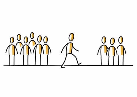 Deux groupes debout sur une ligne, six personnes d'un côté et trois de l'autre, et une personne qui quitte le premier pour rejoindre le second.