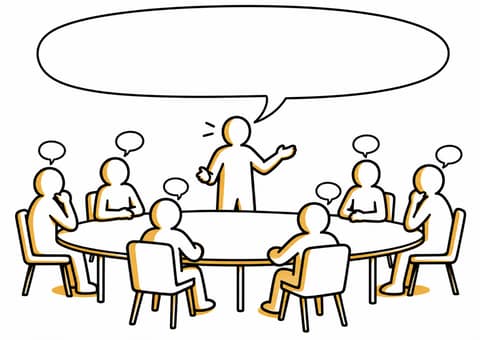 Autour d'une grande table ronde, une personne debout parle dans une bulle immense pendant que les six autres, assises, n'ont que de petites bulles.