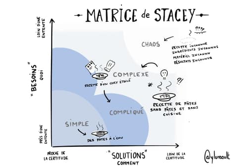 Sketchnote d'une matrice besoins-solutions illustrée par la cuisine : des pâtes à l'eau pour le simple, une recette de chef étoilé pour le complexe.