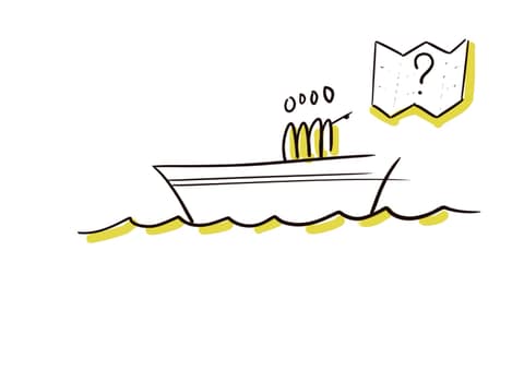 Dessin au trait d'un bateau sur des vagues soulignées de jaune, un petit groupe à bord qui montre une carte marquée d'un point d'interrogation.