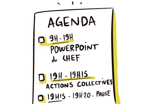 Dessin d'un agenda de séminaire : de 9 h à 19 h le diaporama du chef, puis un quart d'heure d'actions collectives.