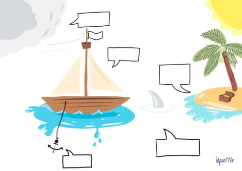 Canevas colorié du speed boat : un voilier ancré, un nuage et du vent à gauche, un aileron de requin, une île avec palmier et coffre au trésor, et six bulles vides à remplir.