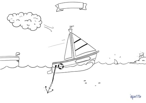 Canevas speed boat vierge en noir et blanc : un voilier ancré près d'un ponton, un nuage, un aileron et une île.