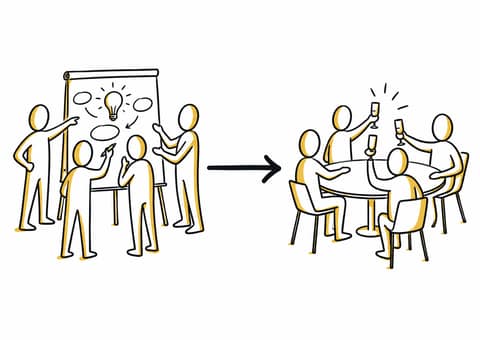 À gauche, quatre personnes debout travaillent au paperboard autour d'une ampoule dessinée. Une flèche mène à droite, où la même équipe trinque autour d'une table ronde.